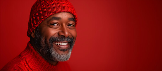 Wall Mural - A man wearing a red hat and a red sweater is smiling. middle-aged trendy black guy smiling in beanie standing in front of a solid color background