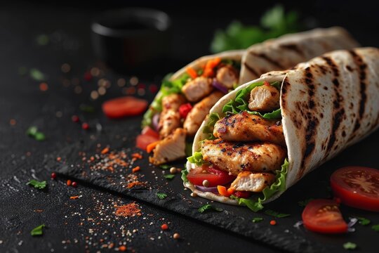 fresh hot chicken tenders wrap roll with flying ingredients and spices hot ready to serve and eat banner with copyspace empty area - Generative AI