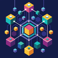 Poster - abstract representation of blockchain technology with interconnected cubes and hexagon, an abstract 