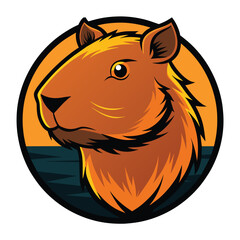 Poster - A stylized capybara head logo with a sunset and water background, Capybara logo for graphic design