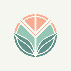 Sticker - A circular design featuring a peach and green color palette with geometric shapes and leaf motifs, Clean lines and soft color palette for a timeless look