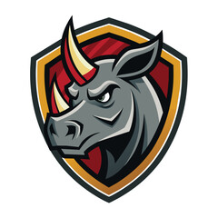 Poster - A fierce rhino head logo design inside a shield, with a red and yellow color scheme, Concept Rhino head and shield company logo icon