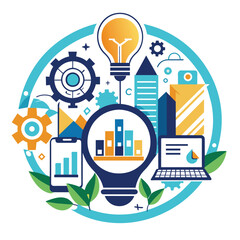 Poster - a contemporary logo with a lightbulb surrounded by gears, charts, and a laptop, contemporary logo in