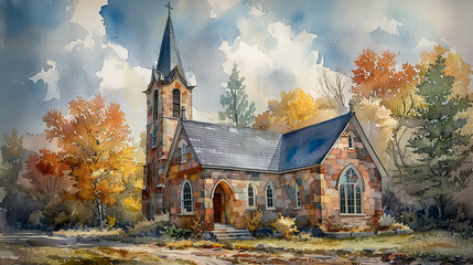 Wall Mural - Old stone church in watercolor style