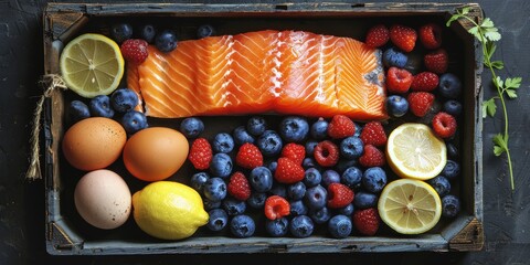Wall Mural - Fresh Salmon, Lemons, and Berries in a Wooden Crate