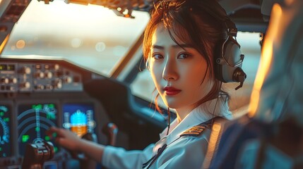 Wall Mural - Asian female pilot in a cockpit during sunset. Concept of aviation professional, women in STEM, air travel, female empowerment