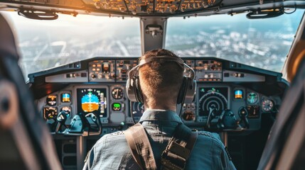 Wall Mural - Caucasian male pilot in a commercial airplane cockpit. Concept of aviation, travel, professional career, transportation