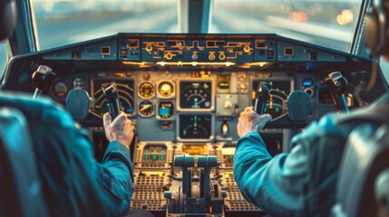 Wall Mural - Two white male pilots in an airplane cockpit during a sunset flight. Concept of aviation, teamwork, piloting, flight safety