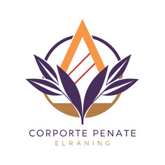 Sticker - A modern minimalist logo featuring a stylized orange triangle inside a circle, with purple leaves extending from the base, Create a modern, minimalist logo for a corporate event planning company