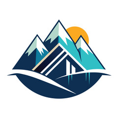 Wall Mural - A minimalist logo design depicts three snowy mountain peaks and a setting sun, symbolizing a ski resort, Create a sleek and modern logo for a mountain resort