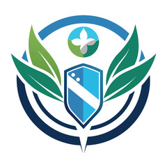 Sticker - A sleek and modern logo design incorporating a blue shield, green leaves, and a circular element, signifying the concept of pha, Create a sleek and modern logo symbolizing the pharmaceutical industry