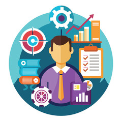 Poster - Professional Businessman Character Illustration With Target, Gear, Checklist, and Data Charts, Create a symbol that evokes the professionalism and reliability of accounting services