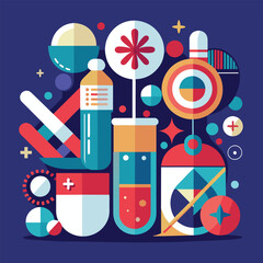 Poster - Abstract illustration depicting pharmaceutical science with vibrant colors and geometric shapes, Create an artistic representation of pharmaceuticals in a minimalist style