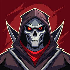 Poster - a menacing grim reaper with a skeletal face and glowing red eyes, dark grim reaper with mask and hoo