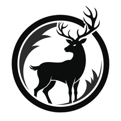 Wall Mural - A black and white logo design featuring a deer with large antlers standing in a circle surrounded by grass, deer line logo