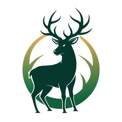 Canvas Print - A stylized green deer with large antlers standing inside a circle formed by the outline of its antlers, deer line logo