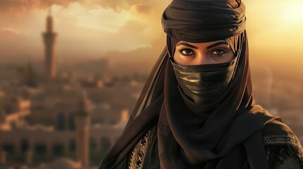 Muslim woman warrior soldier face covered against the backdrop of city buildings background wallpaper AI generated image