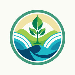 Poster - Minimalist Sustainability Logo Design: Green Tree, Hills, and Water in a Circular Shape, Design a minimalist logo for a sustainability-focused NGO