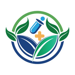 Sticker - A circular logo design for a pharmaceutical company. The logo features a blue test tube, yellow cross, and green leaves, Develop a simple and elegant logo for a pharmaceutical company