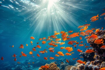 Wall Mural - Underwater Coral Reef Scene With School of Orange Fish