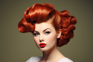 Wall Mural - Elegant woman with bold retro hairstyle and vibrant red hair against a neutral background