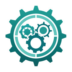 Poster - A digital illustration of three interlocking gear wheels, with a larger wheel in the background, all in blue-green hues, Gear wheels and cogs in a symmetrical pattern