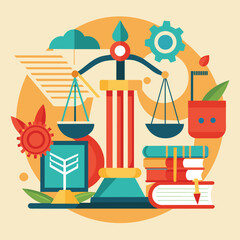Poster - A minimalist illustration representing knowledge with scales, books, and other symbolic elements, Generate a minimalist design symbolizing knowledge and support in the legal field