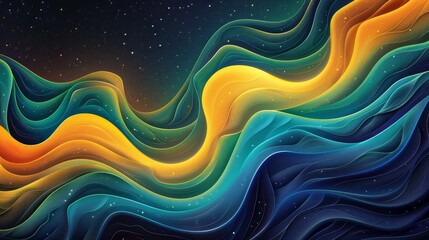 Wall Mural - An abstract design with a grainy gradient background featuring dark blue, green, and yellow hues with glowing wave patterns. 