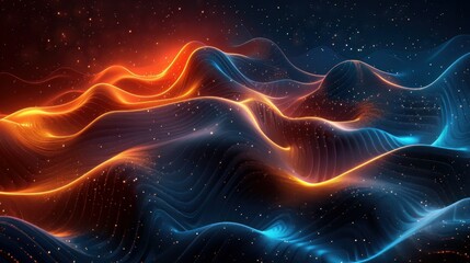 Wall Mural - An abstract design with a grainy gradient background, featuring dark orange, blue, and black colors with glowing wave patterns. 