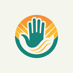 Sticker - A simple, circular logo design featuring a green hand with outstretched fingers, set against a colorful backdrop of red, orange, and yellow stripes, Hand logo design icon vector template