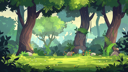 game asset, 2d cartoon style background game scene, forest, forest element, flat, vector