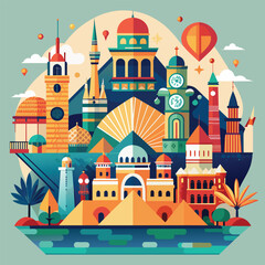 Poster - a colorful abstract design with three circles connected by intertwining lines, iconic landmarks from