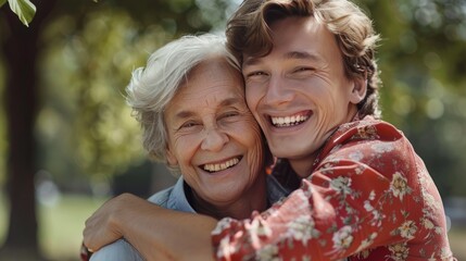 a young man is hugging her older mother.