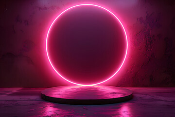 Pink neon light product background stage or podium pedestal on grunge street floor with glow spotlight and blank display platform. 3D rendering.