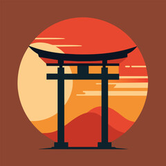 Poster - A simple yet striking image of a traditional Japanese torii gate silhouetted against a vibrant red setting sun, Japanese Torii Gate Sunset Simple Logo