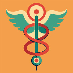 Poster - A minimalist design featuring a stethoscope intertwined with a stylized flower and wheat, all within a shield-shaped emblem, Minimalist design of a stethoscope intertwined with a caduceus symbol