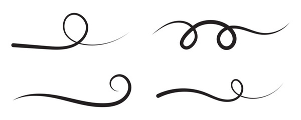 Set of Swoosh and swoop underline typography tails shape in flat styles. Brush drawn curved smear. Hand drawn curly swishes, swash, twiddle. Vectors calligraphy doodle swirl on white background.Vector