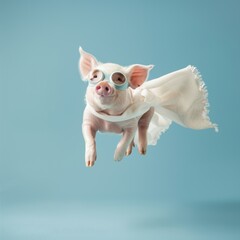 when pigs fly, isolated piglet with pink cape cloak against a blue background. piglet is flying.