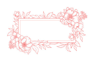 Wall Mural - Flower frame in line art style. Background with luxury pink pattern of flowers, branches, leaves on a white background. Floral border. Vector illustration with drawn elegant vintage botanical elements