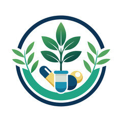 Sticker - A minimalist logo featuring a circular design with a plant, wheat, pill, and vial, representing natural wellness, A minimalist logo that captures the essence of e-commerce