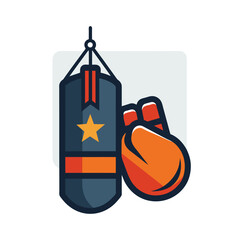 Poster - a minimalist graphic illustration of a boxing bag and a pair of gloves on an orange background, punc