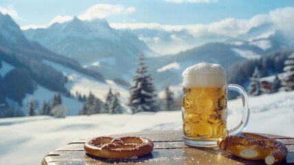 Wall Mural - Beer and Pretzel Against Mountain Backdrop