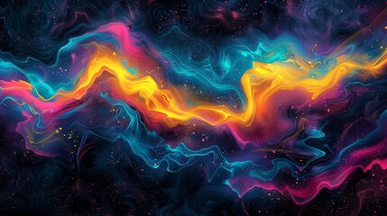 Wall Mural - Psychedelic waves of neon yellow, electric blue, and hot pink, flowing on a dark, grainy backdrop.