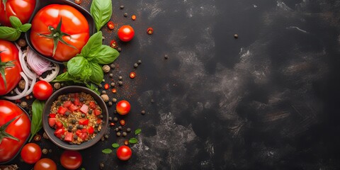 Healthy vegetarian salad making preparation with tomatoes on rustic background, top view mock up background decoration scene