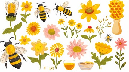 set of clipart, bees, honey, flowers, honeycomb, white background, 16:9