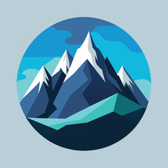 Wall Mural - An abstract design featuring a green leaf, a yellow wheat stalk, and a blue circle within a colorful circular frame, Snow-capped mountain range in a cool color palette