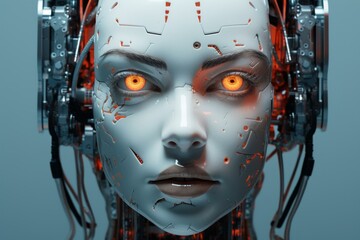 Poster - Close-up of a cybernetic female android head with intense orange-glowing eyes and intricate robotics