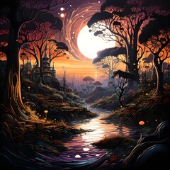 Wall Mural - Illustration of a fantasy landscape with trees and a river at sunset