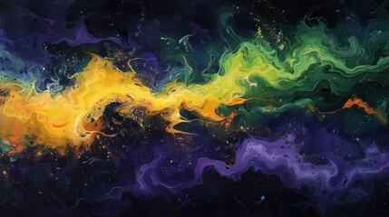 Canvas Print - An abstract color flow of bright purple, yellow, and green against a dark, grainy backdrop. 