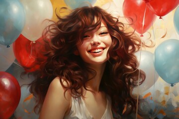 Portrait of a beautiful young adult female with radiant smile and curly hair, surrounded by colorful balloons, creating a joyful and happy atmosphere at a festive party